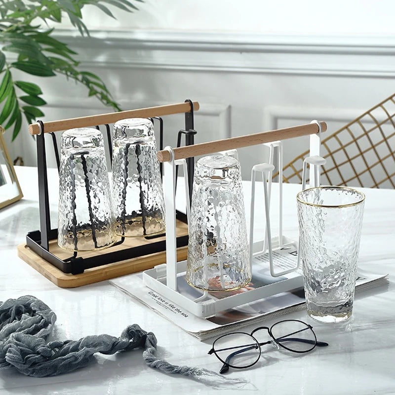 6-Cup Glass Cup Drying Rack Wooden Handle Countertop