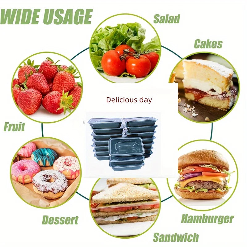 5/10/20 Pack Black Rectangular Meal Prep Containers Lids
