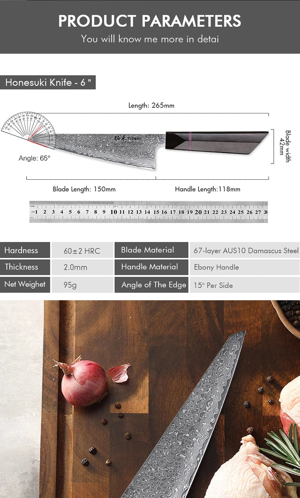 Turwho Honesuki Knife Damascus Steel Professional Chef Knives