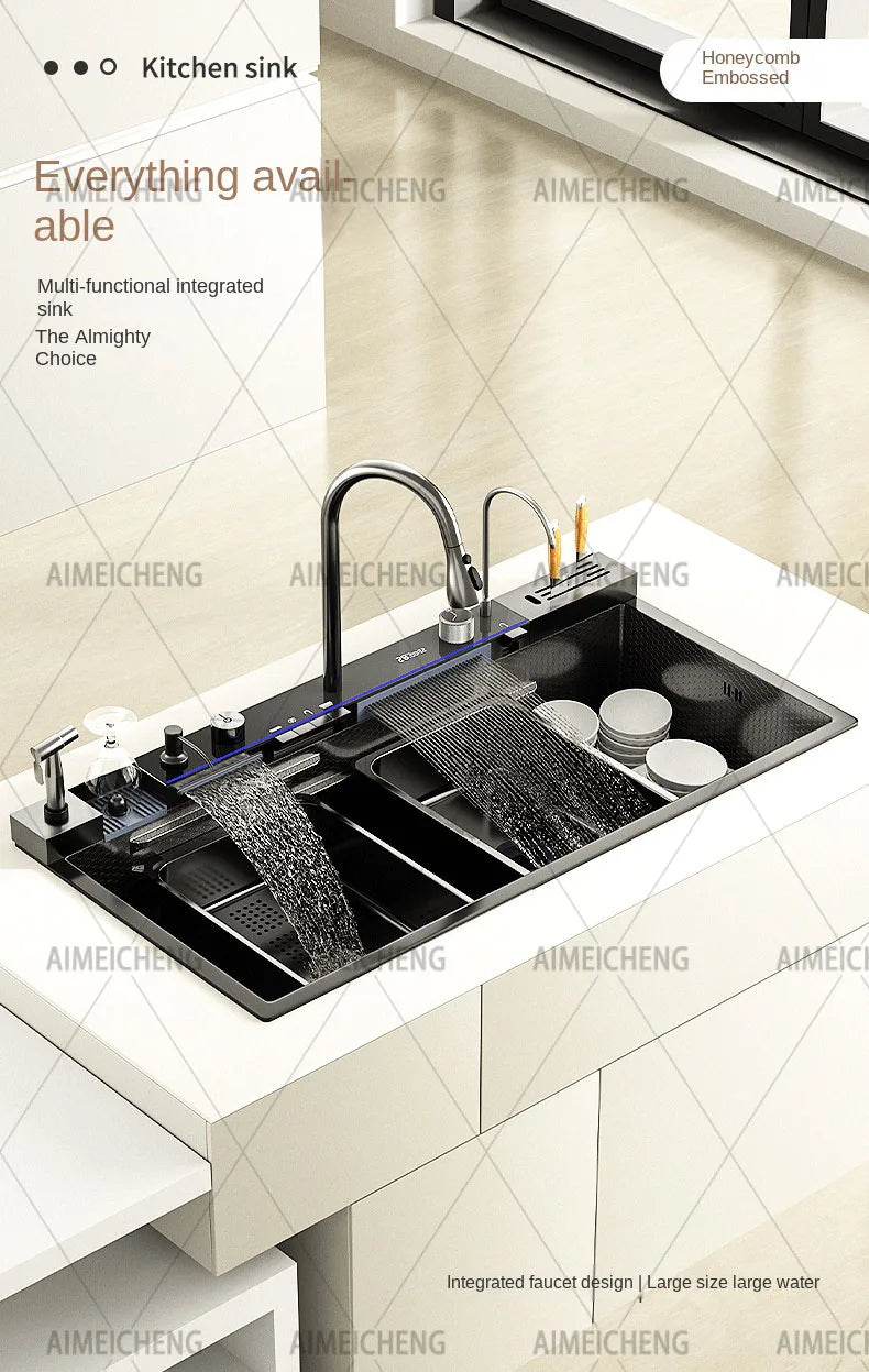 304 Stainless Steel Waterfall Sink Digital Display Large