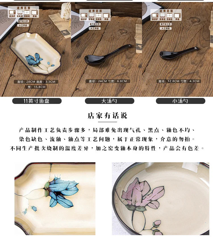Ceramic Hand-Painted Flowers Creative Dish Plate Japanese