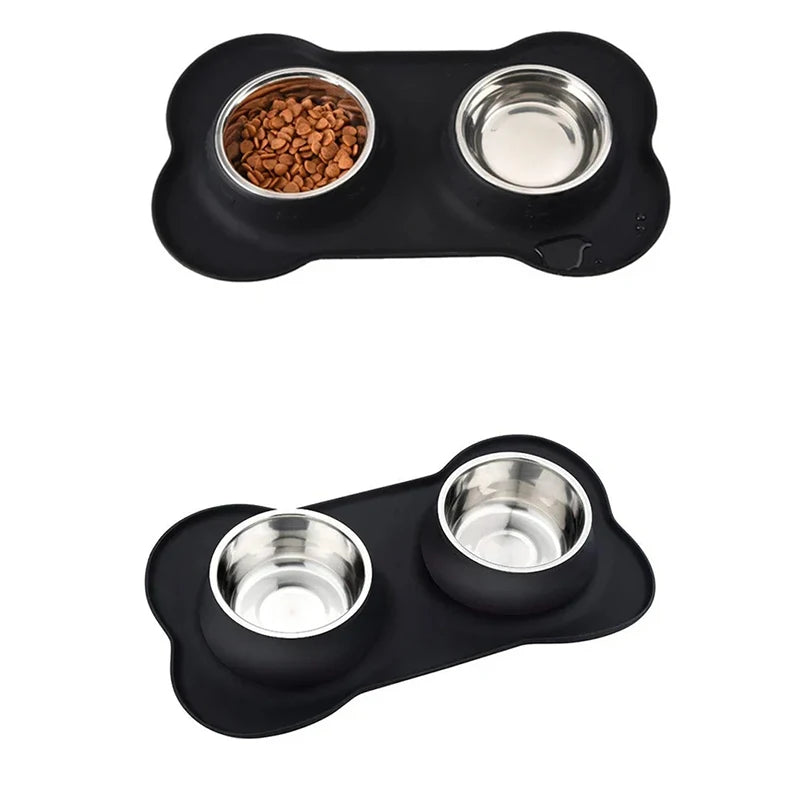 Antislip Double Dog Bowl Silicone Mat Durable Stainless