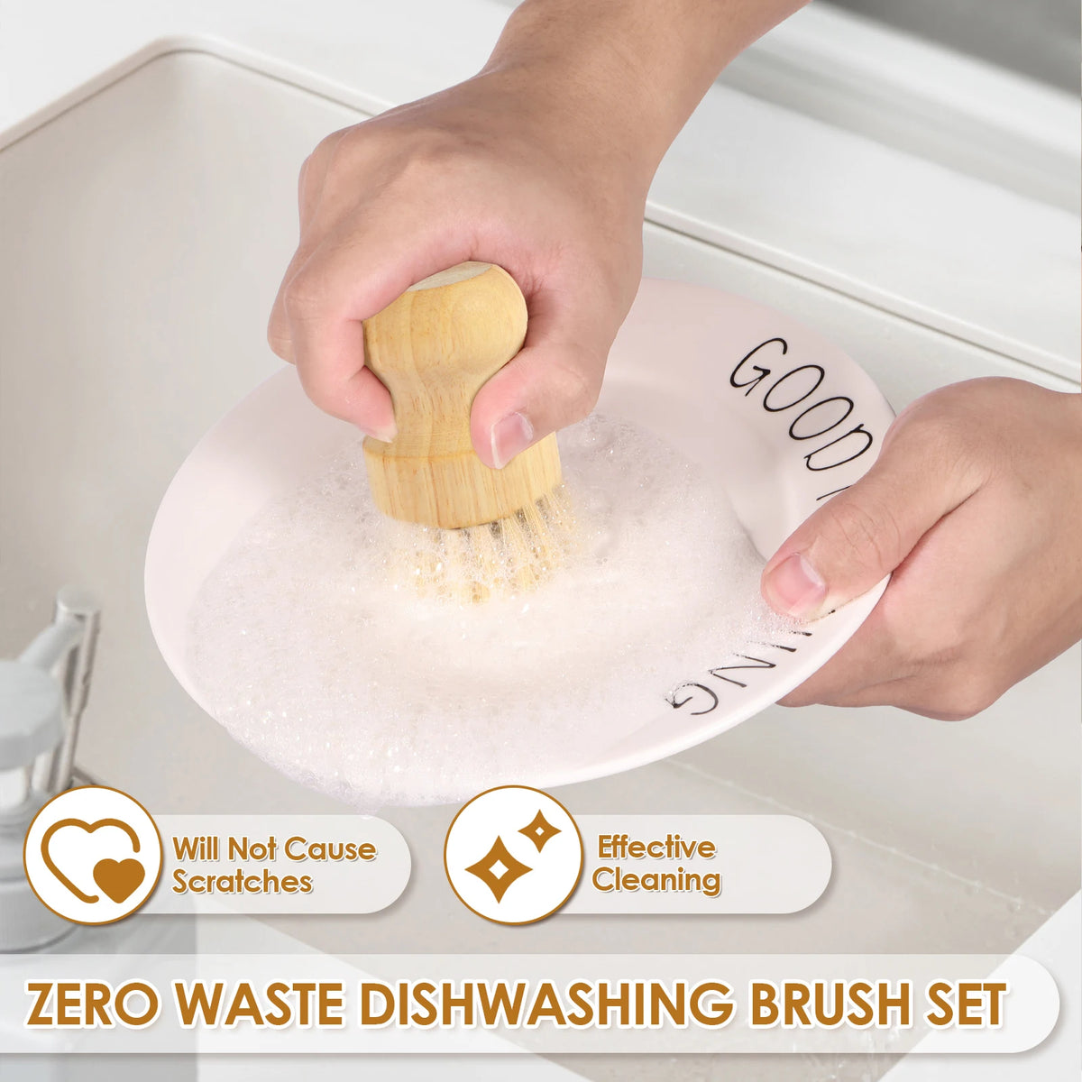 3/5pcs Wooden Dish Brush Replaceable Long Handle Cleaning