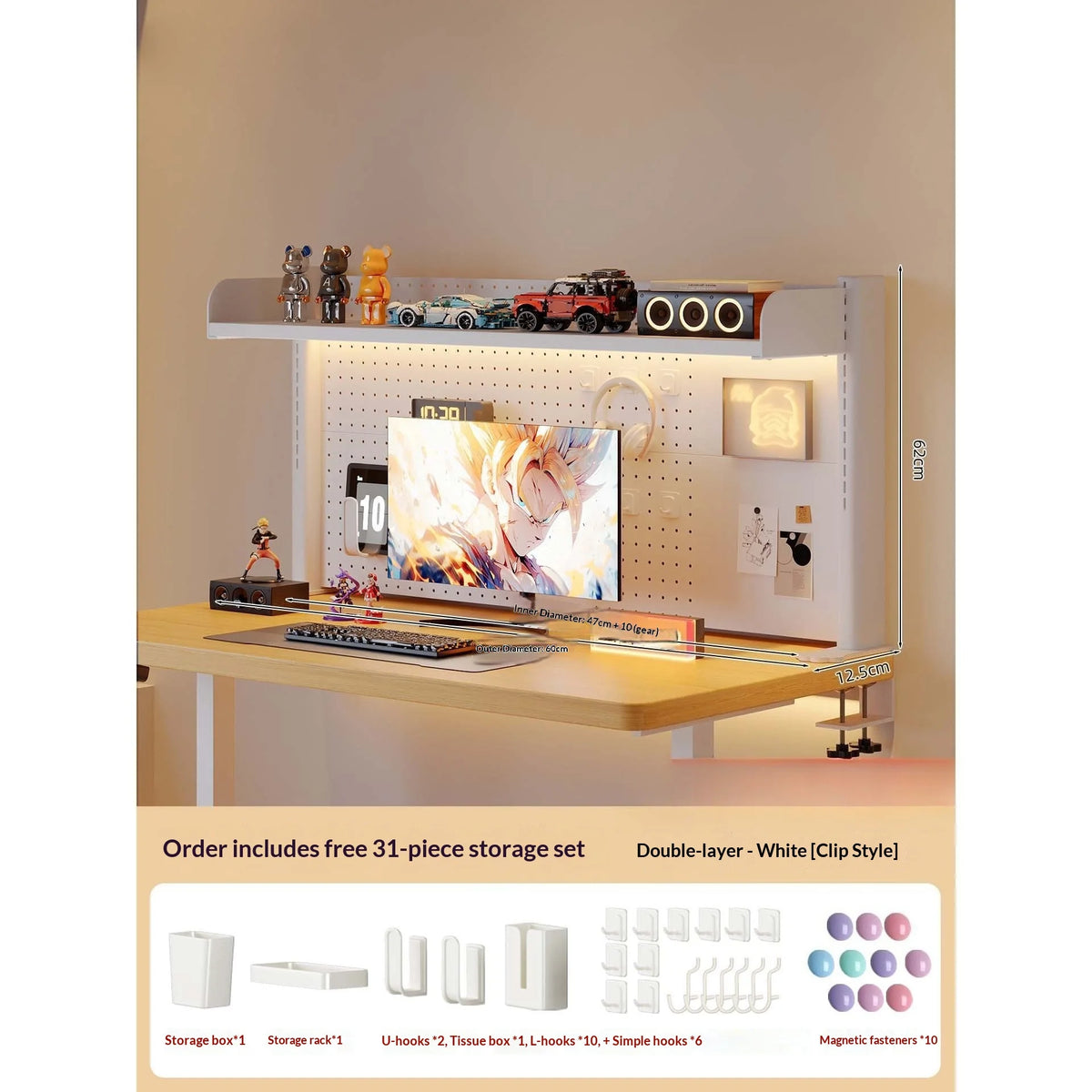 Clamp On Desk Shelf Pegboard Adjustable 2/3 Tier