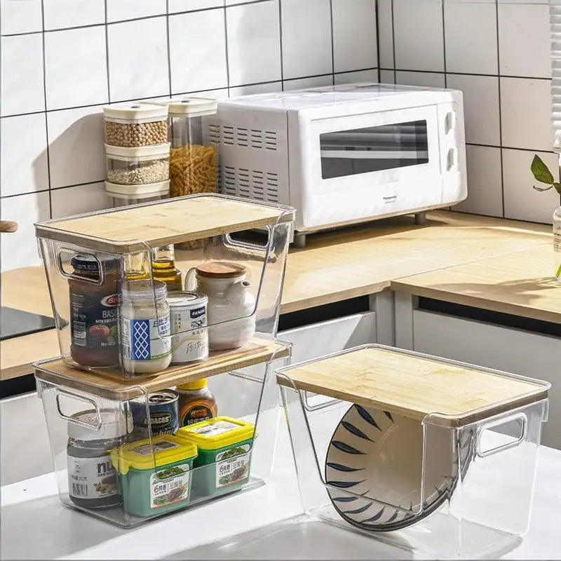 Stackable Pantry Organizers Wooden Lids Storage Clear Bins