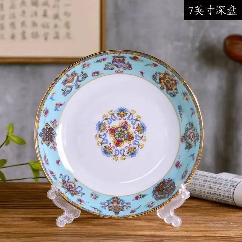 Gold Border Enamel Deep Plate Chinese Bone China