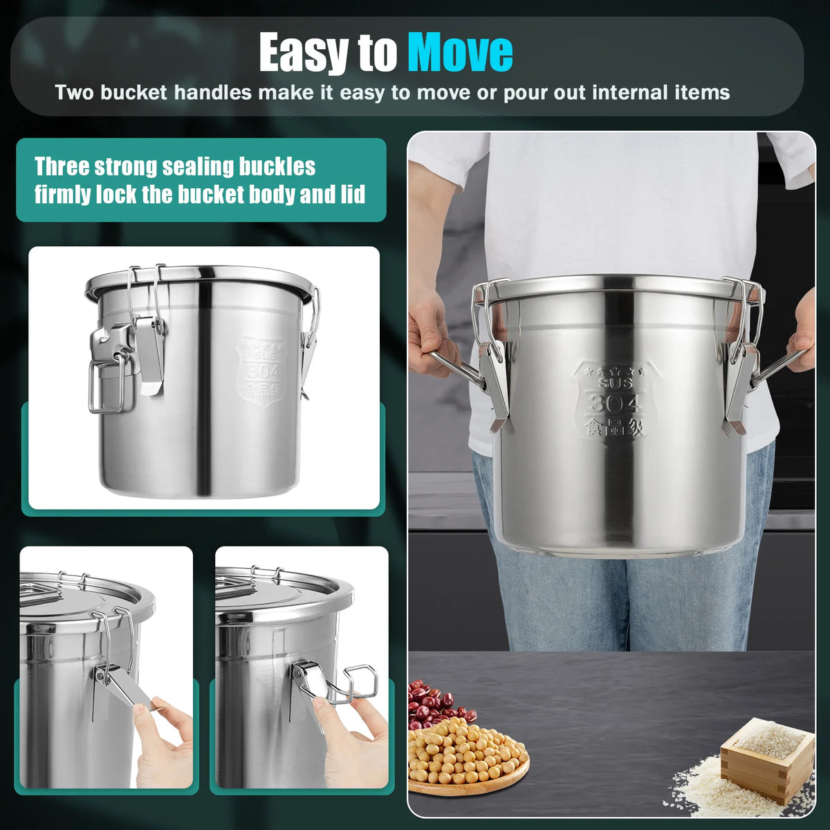 Bymaocar 12l 304 Stainless Steel Cereal Container Metal