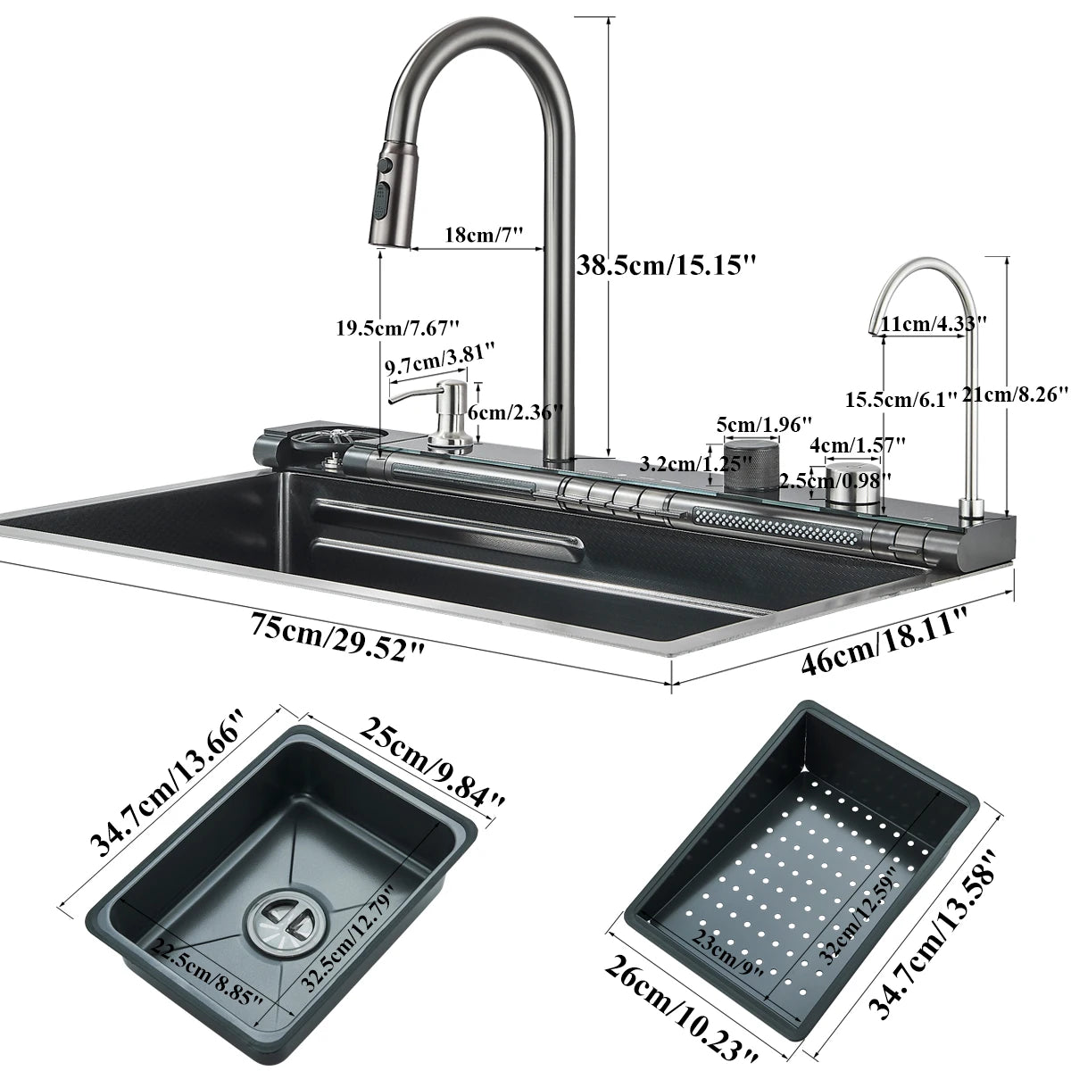 Stainless Steel Waterfall Sink Digital Display Large Sink