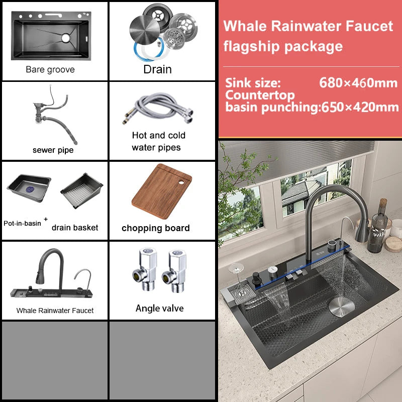Waterfall Stainless Steel Sink Digital Display Faucet Wash