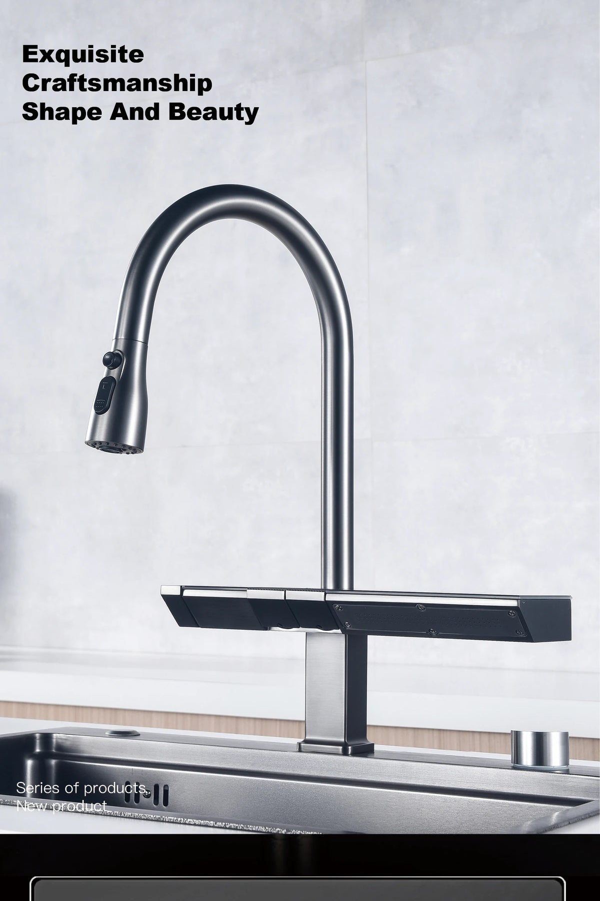 Luxury Digital Display Brass Grey Faucet Pull-Out Design