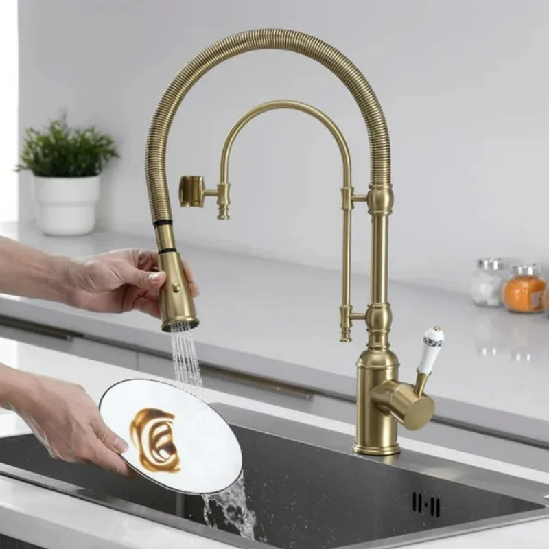 Brushed Gold Pull Out Faucet Sink Mixer 360