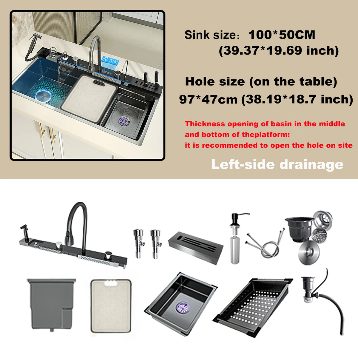 Stainless Steel Waterfall Sink Large Slot Integrated Sinks