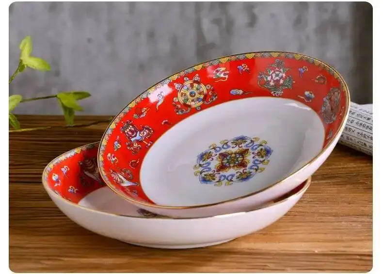 Gold Border Enamel Deep Plate Chinese Bone China