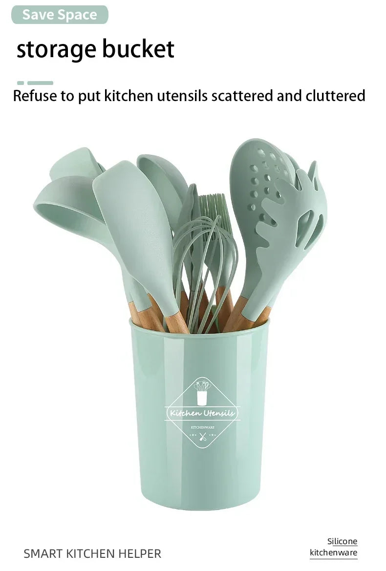 12pcs Of Multi-Color Silicone Wooden Handle Kitchenware Non