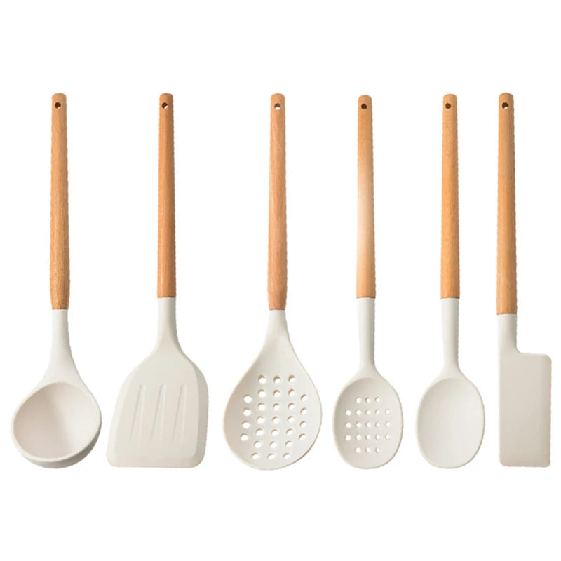 White Silicone Wooden Handle Soup Spoon Spatula Brush