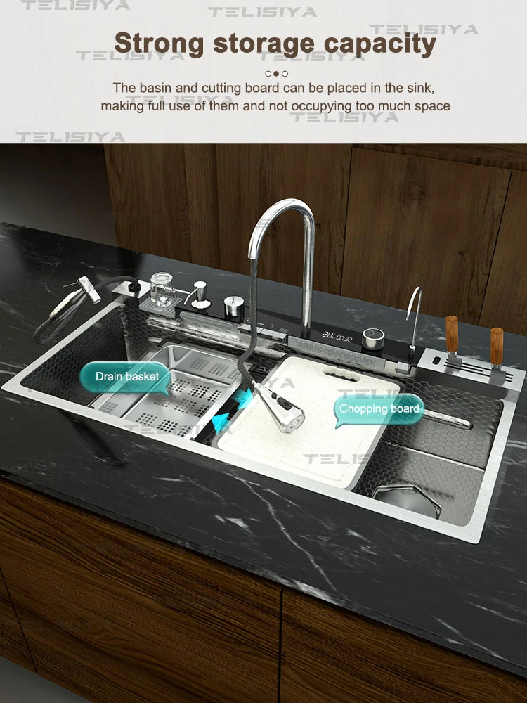 Stainless Steel Sink Digital Display Waterfall Large Slot