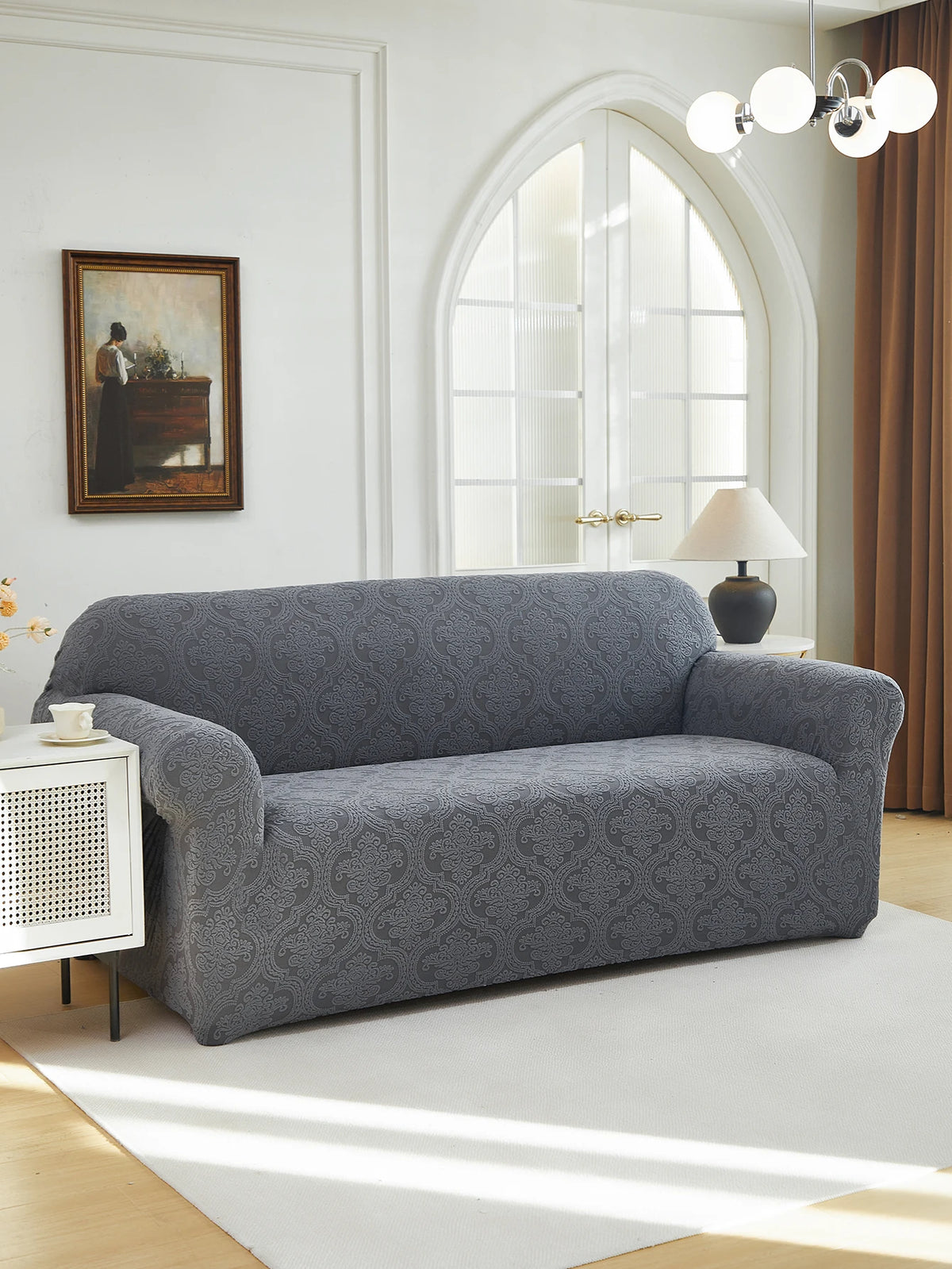 Polar Fleece Jacquard Sofa Cover Royal Floral Pattern