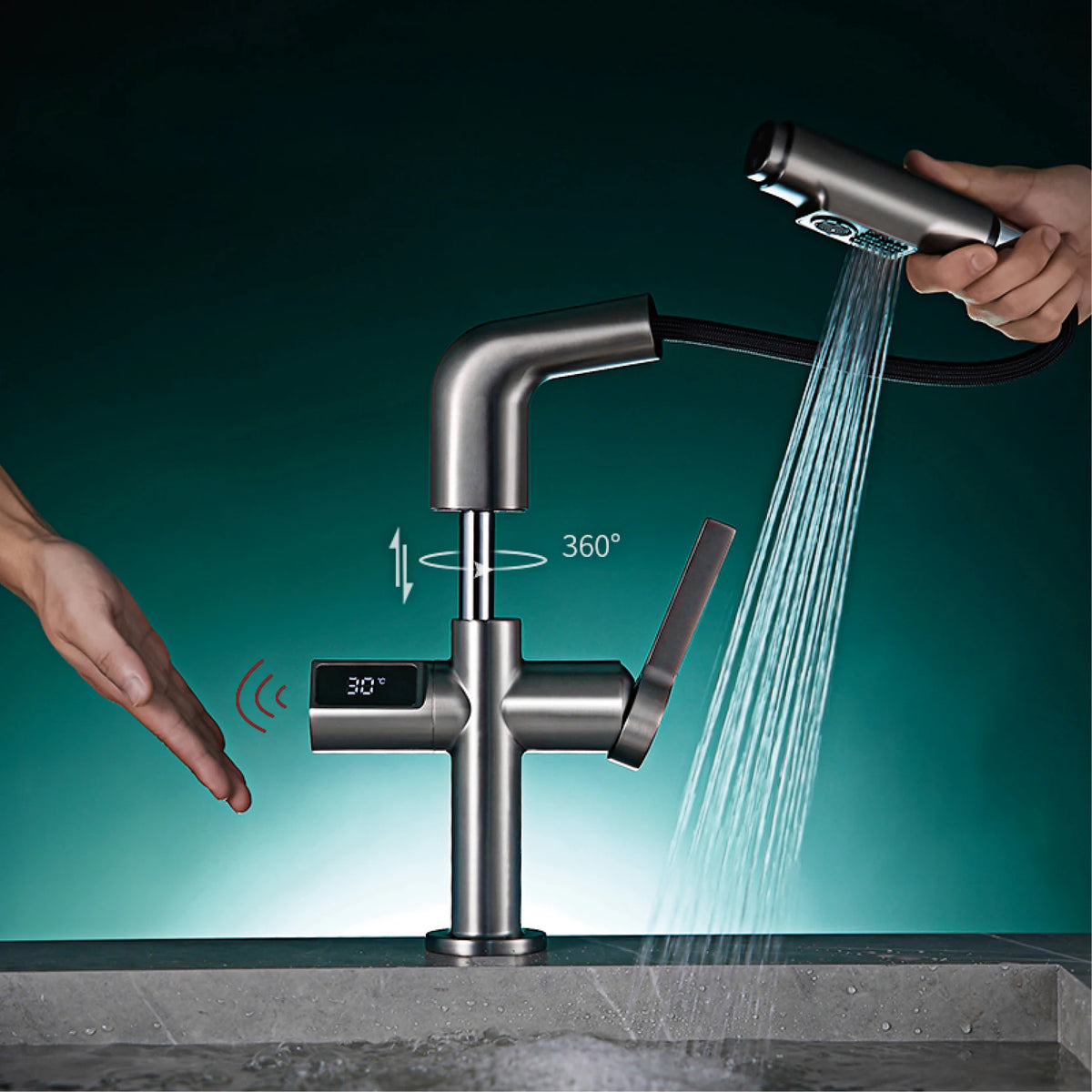 Light Luxury Gun Gray Brass Faucet Digital Display