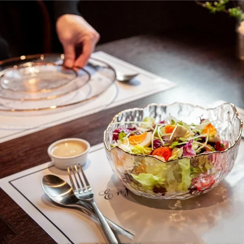 380/750/1450ml Salad Glass Bowl Gold Edge Fruit Candy
