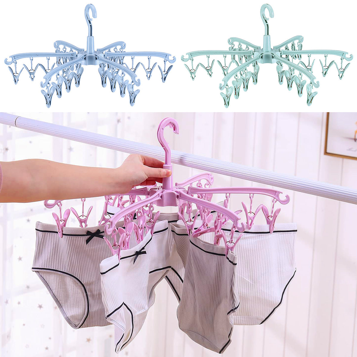24-Clips Windproof Drying Rack Rotatable Foldable Hanger Sock