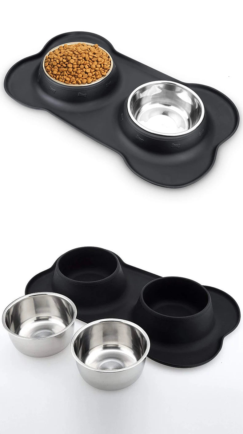 Antislip Double Dog Bowl Silicone Mat Durable Stainless
