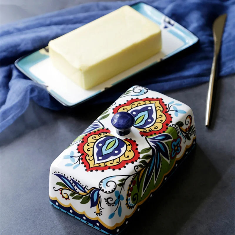 Nodic Style Hand-Painted Ceramic Butter Dish Lid Countertop