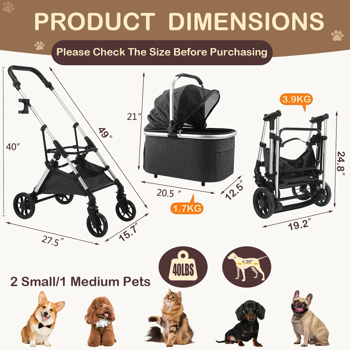 Pet Stroller Wheels Foldable Pet Travel Carrier Small/Medium