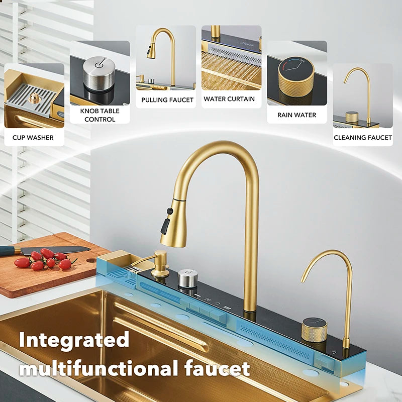 Golden Stainless Steel Sink Smart Digital Display Integrated