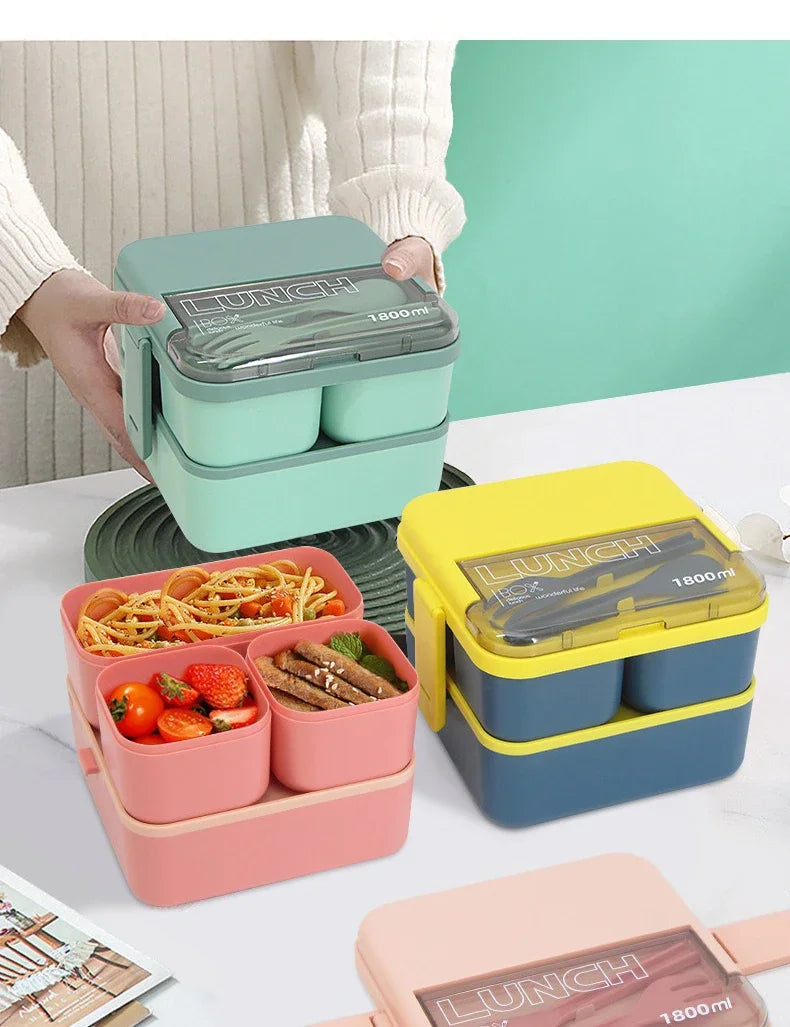 Justinlau 1100/1800ml Layer Compartment Lunch Box Kids Fork