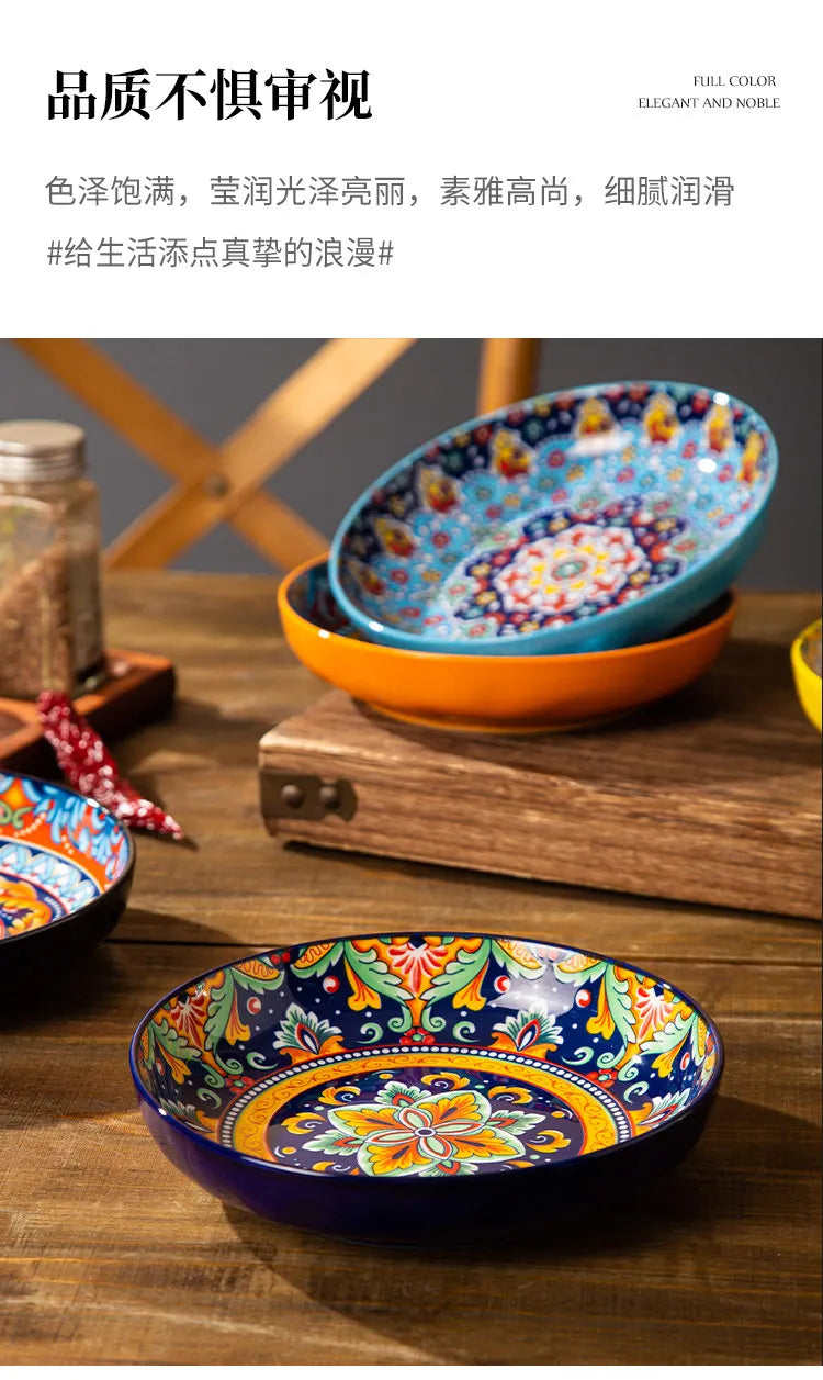 Bohemian Deep Ceramic Plate Dinnerware High-Quality Appearance