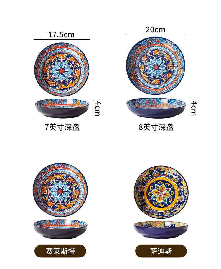 Bohemian Deep Ceramic Plate Dinnerware High-Quality Appearance