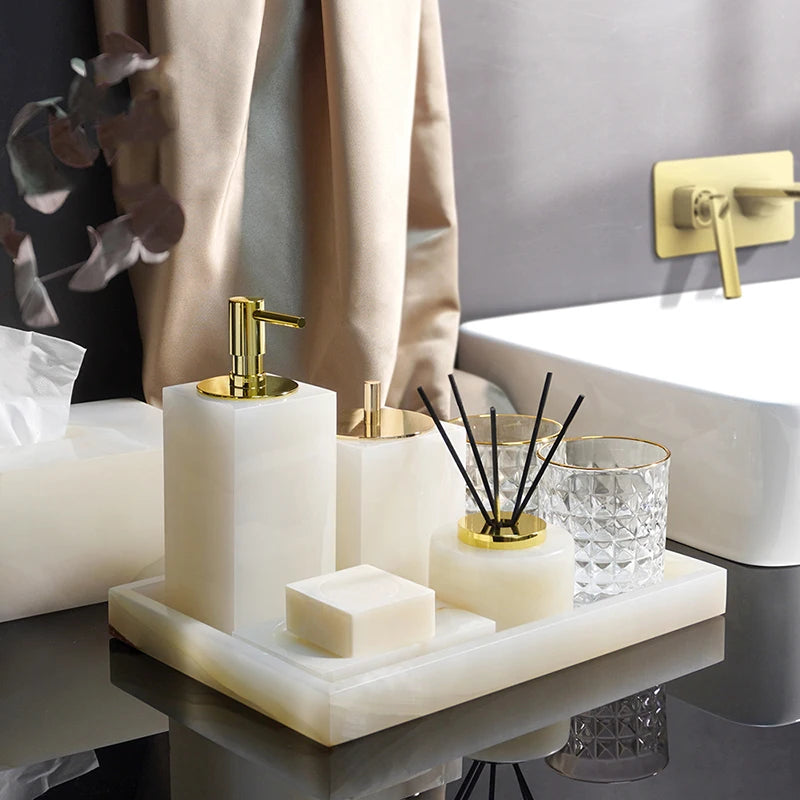 White Onyx Natural Marble Bathroom Luxury Soap Dispenser