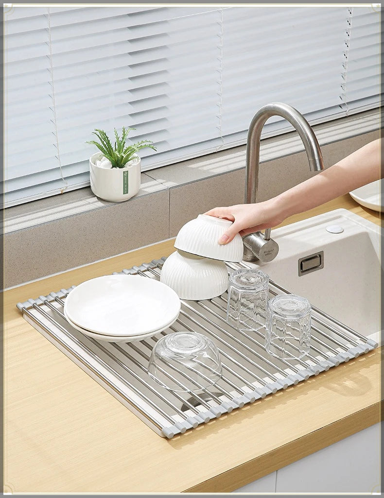 Roll Up Sink Drain Rack Stainless Steel Foldable