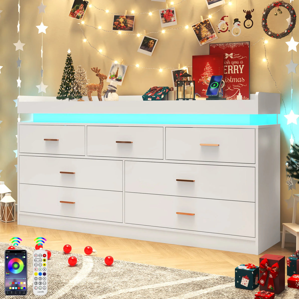 Drawer Dresser Led Light Charging Station Modern Chest