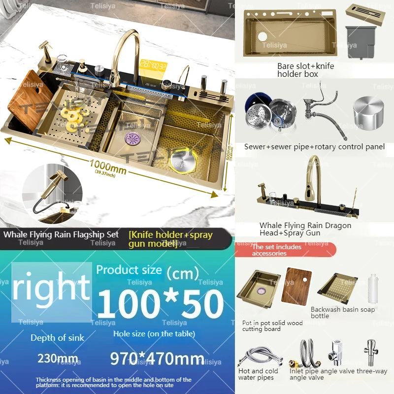 Waterfall Stainless Steel Sink Digital Display Faucet Wash