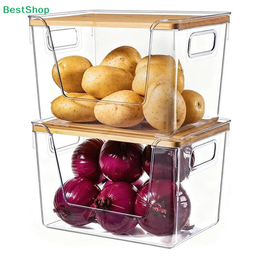 Stackable Pantry Organizers Wooden Lids Storage Clear Bins