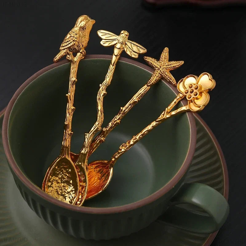 Retro Metal Coffee Spoon Dragonfly Branches Leaves Shape