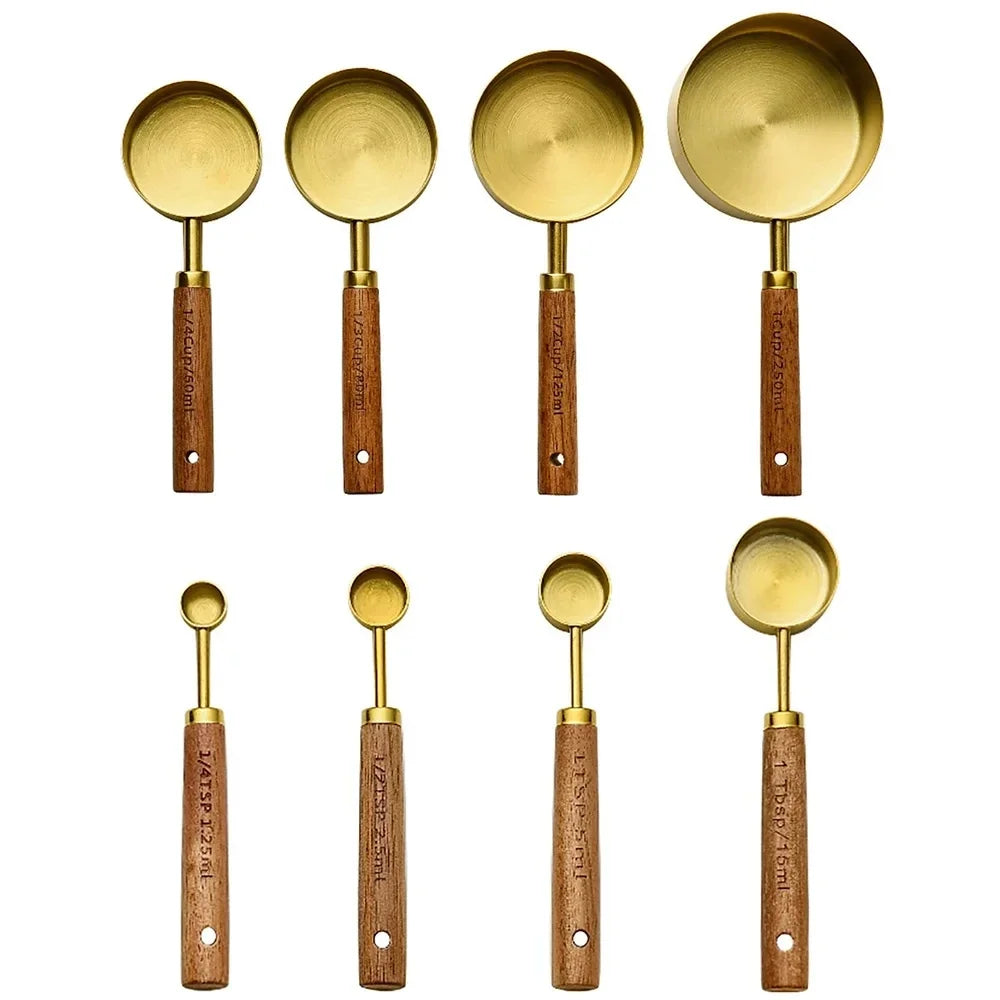 4/8pcs Stainless Steel Measuring Cups Spoons Wooden Handle