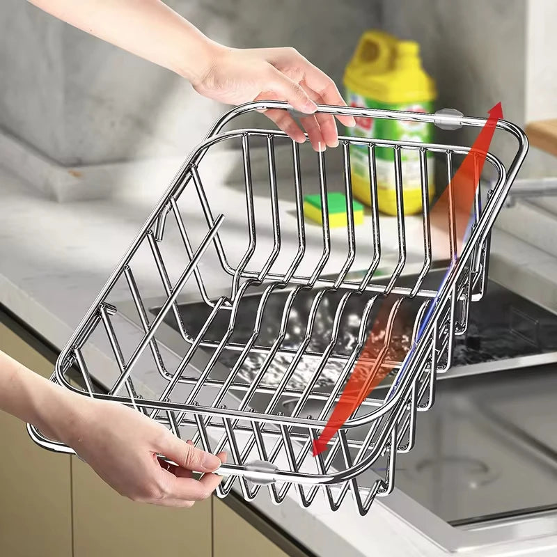 Adjustable Drain Baskte Stainless Steel Sink Tableware Rack