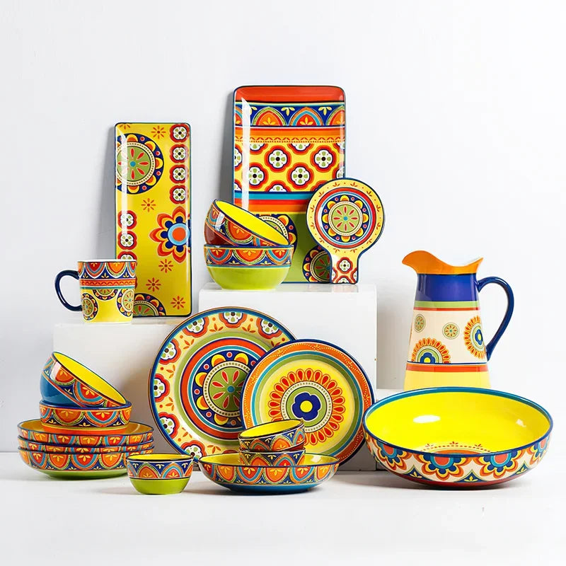 1pcs Ceramic Tableware Bohemian Flat Dinner Plate Western