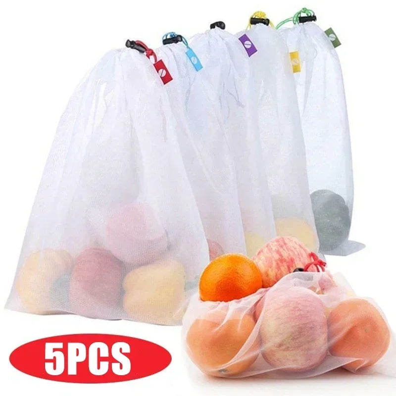 5pcs Reusable Fruit Vegetable Storage Bags Washable Food