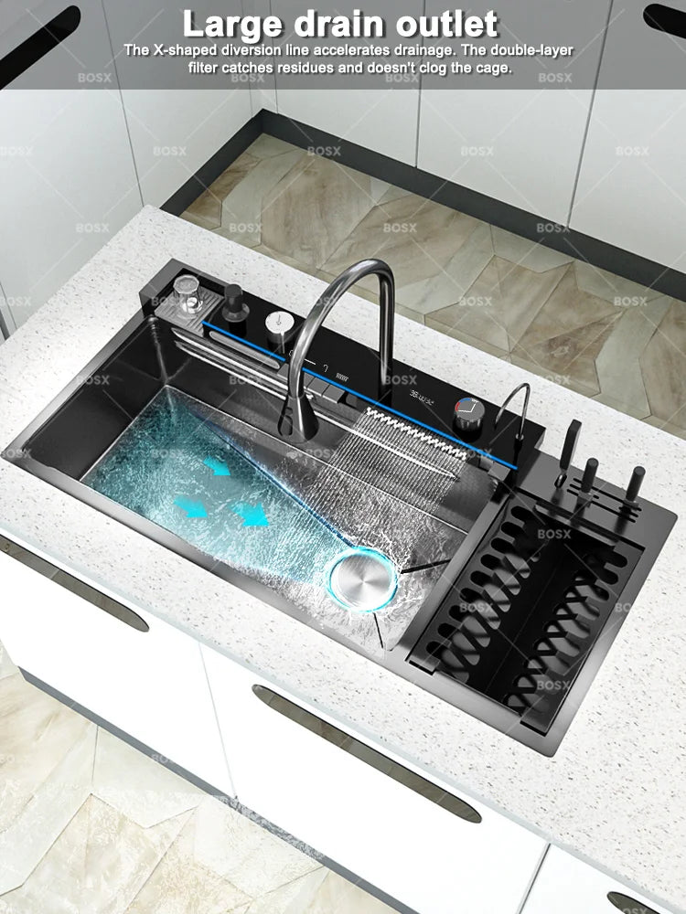 Waterfall Stainless Steel Sink Digital Display Faucet Wash