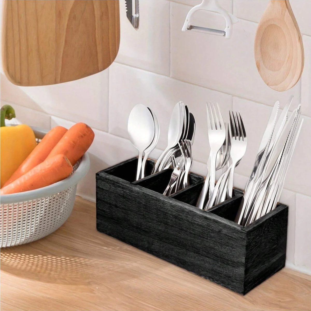 Wood Cutlery Caddy Utensil Organizer Compartments Silverware