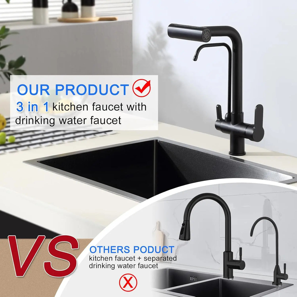 Way Pure Water Filter Faucets Black Pull Out