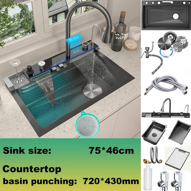 Stainless Steel Sink Waterfall Digital Display Faucet Large