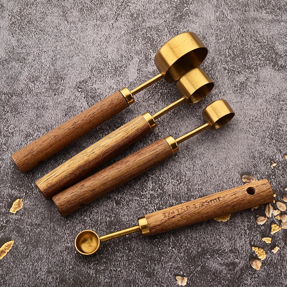 Gold Wooden Handle Stainless Steel Measuring Cups Spoons