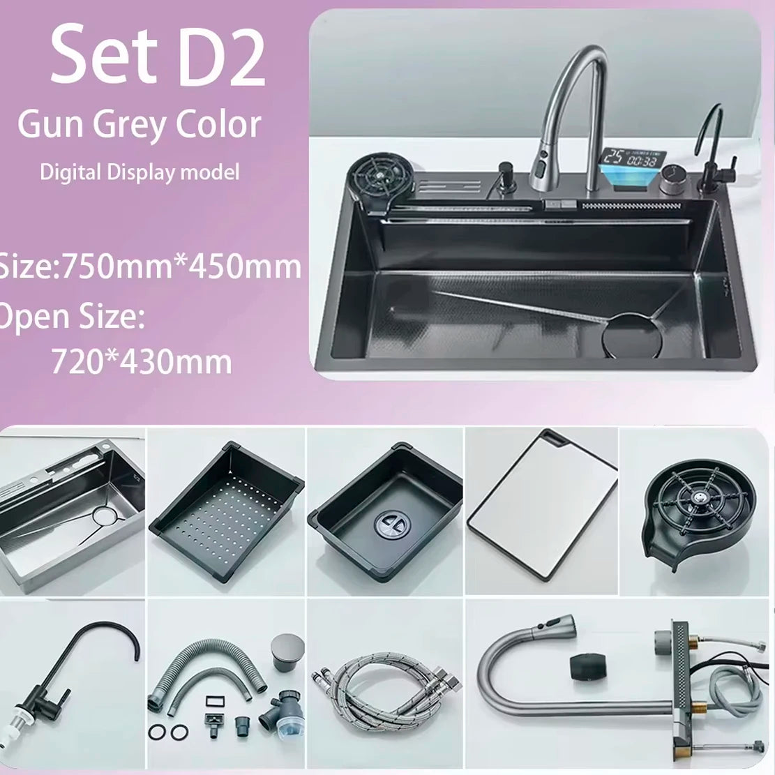 Stainless Steel Waterfall Sink Digital Display Large Sink