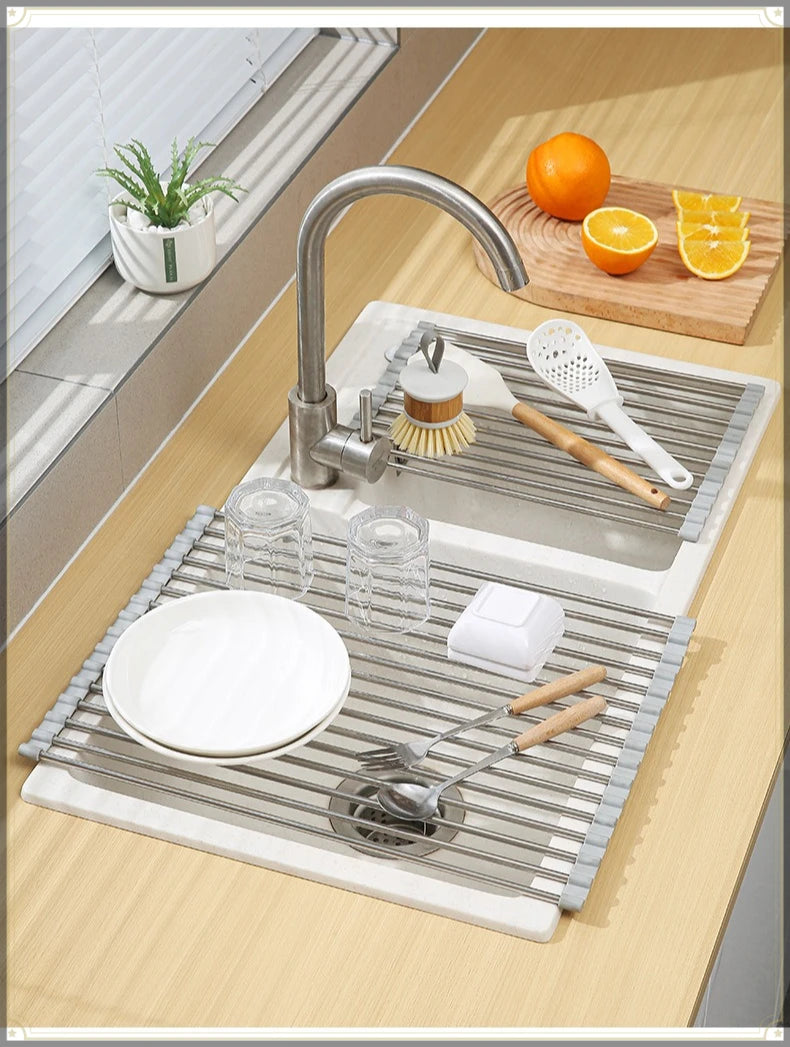 Roll Up Sink Drain Rack Stainless Steel Foldable