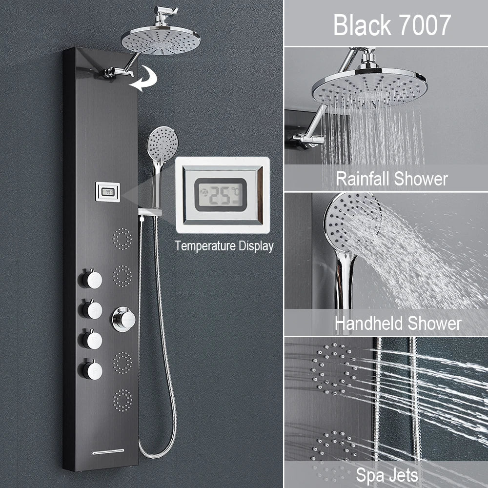 Black Shower Panel Storage Rack Rainfall Shower Faucet