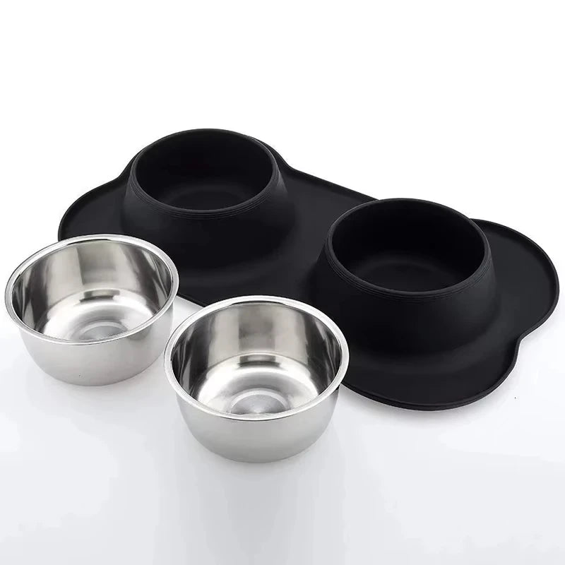 Antislip Double Dog Bowl Silicone Mat Durable Stainless